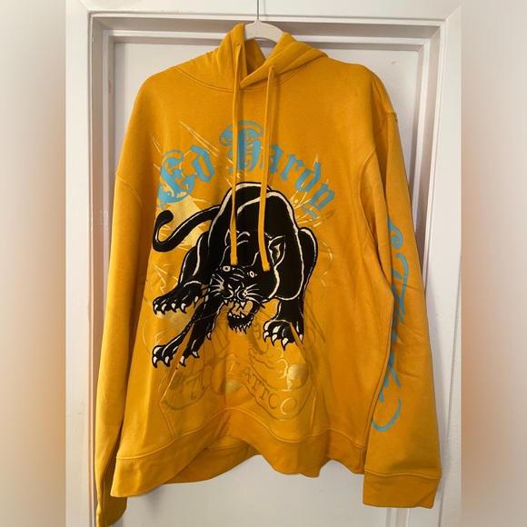 ED HARDY CROUCHING PANTHER HOODIE New With Tags Size XXL GOLD Yellow - Picture 2 of 7